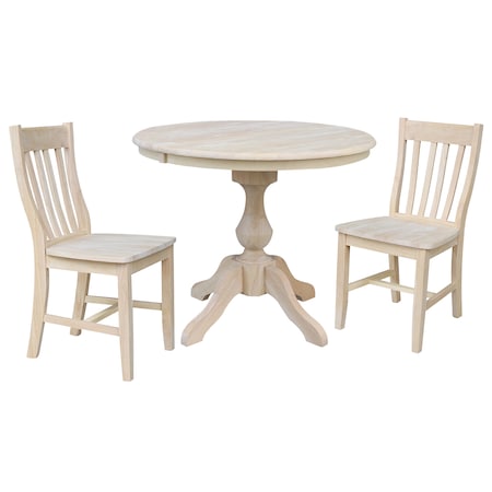 International Concepts Round 36 in Round Extension Dining Table with 2 Cafe Chairs, Unfinished, 36 in W, 48 in L, Wood K-36RXT-11B-C61-2